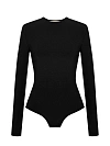 Боди с длинным рукавом черного цвета, круглый вырез с обтачкой