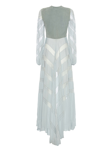 Голубое шелковое платье с замшевым лифом, 2