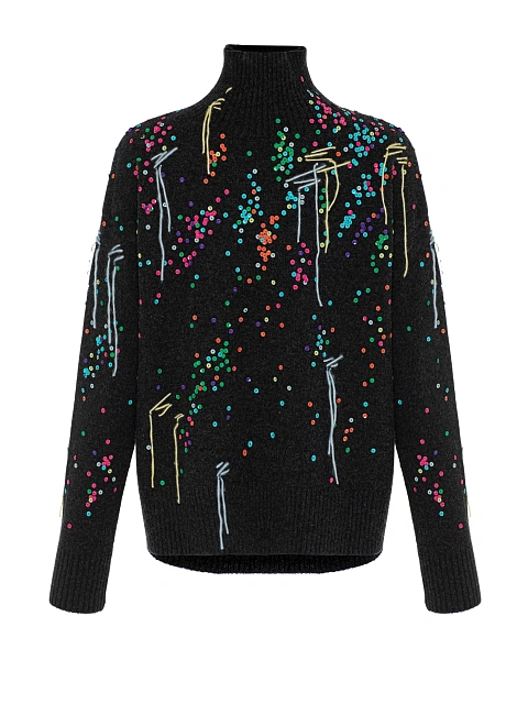 Темно-серый свитер с вышивкой и пайетками, 1