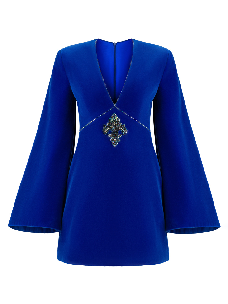 Синее бархатное платье-мини с вышивкой, 1