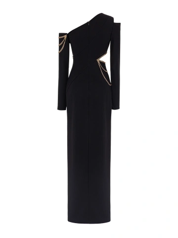 Черное асимметричное платье-макси с цепями, 2