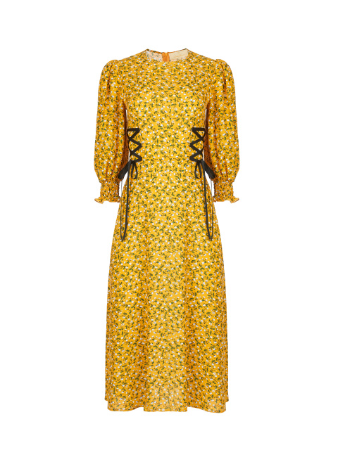 Желтое платье-миди с цветочным принтом и шнуровкой на талии, 1