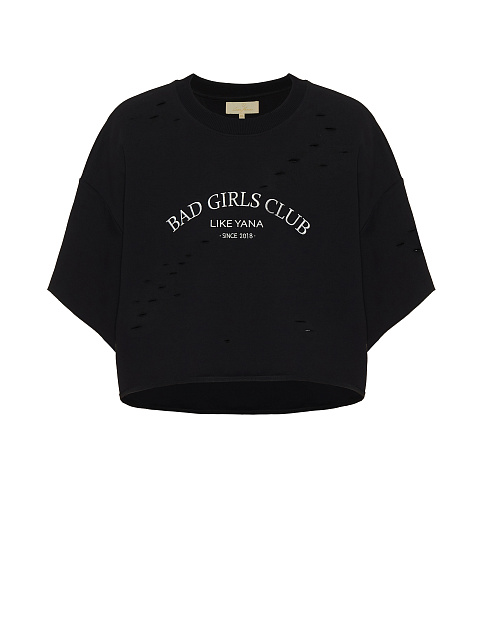 Черная укороченная футболка с вышивкой и прорезями, 1