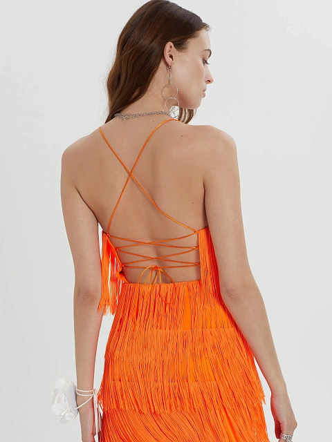 Оранжевое платье-мини с бахромой, 5