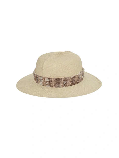 Соломенная шляпа с отделкой из кожи крокодила и лилией, 3