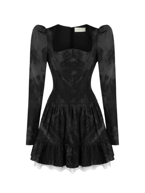 Черное платье-мини из денима с разводами в технике Tie-Dye, 1
