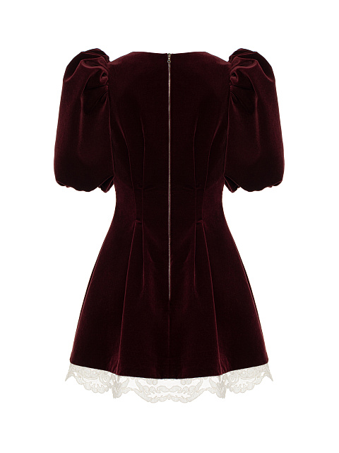 Бордовое платье-мини из бархата с белым кружевом, 2 Бордовое платье-мини из бархата с белым кружевом, 2