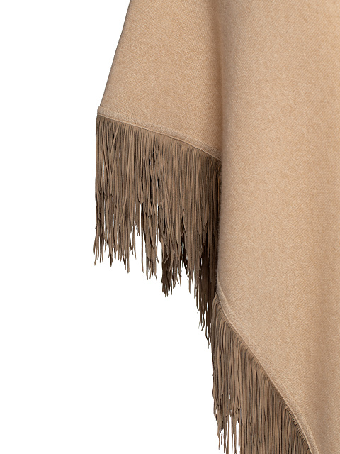 Бежевое кашемировое пончо с бахромой из замши, 3 Бежевое кашемировое пончо с бахромой из замши, 3