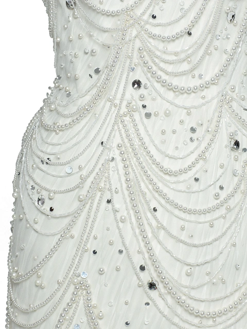 Белое платье-мини из фатина с жемчугом и кристаллами, 4