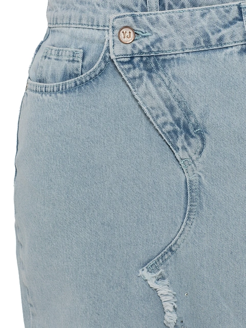 Голубая юбка-макси из денима с разрезом и перьями, 3