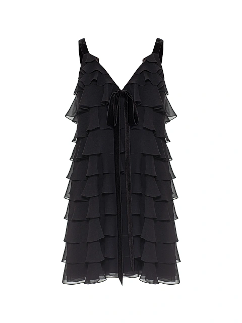 Черное платье-мини из шифона с воланами, 1