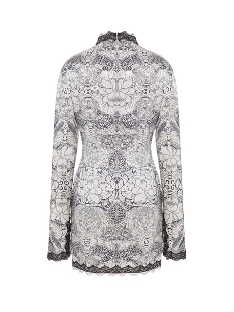 Светло-серое платье-мини с принтом и кружевом, 2