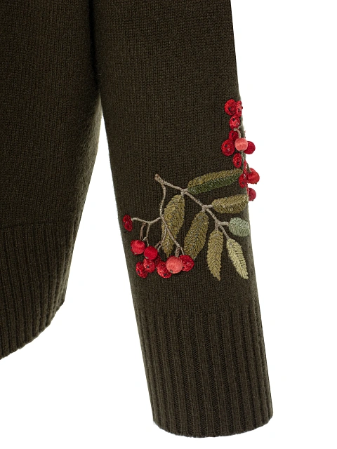 Зеленый кашемировый свитер с вышивкой в виде рябины, 4
