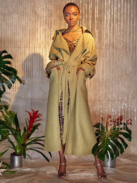 Оливковый двубортный льняной тренч, 11