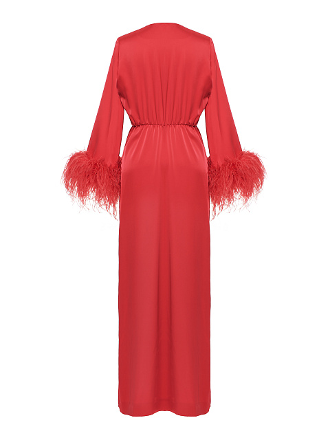 Атласное платье-макси цвета фуксии с боа на рукавах, 2