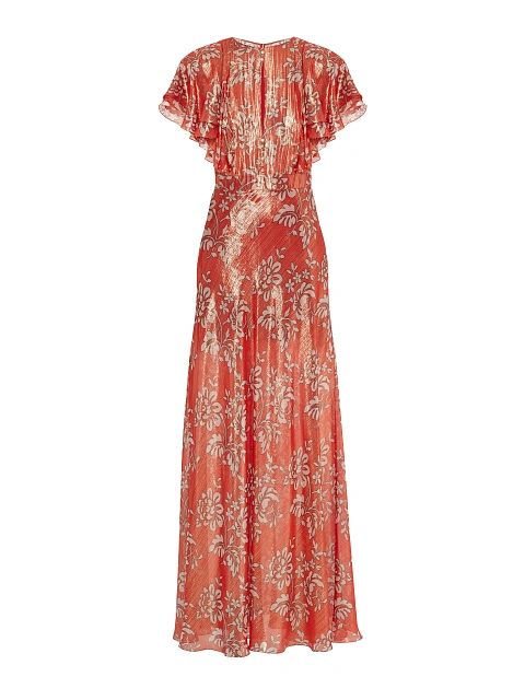 Красное платье-макси из шелка с цветочным принтом и люрексом, 1