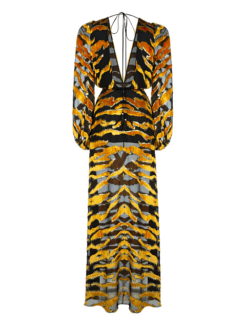 Черно-желтое платье-макси из шифона и бархата, 2