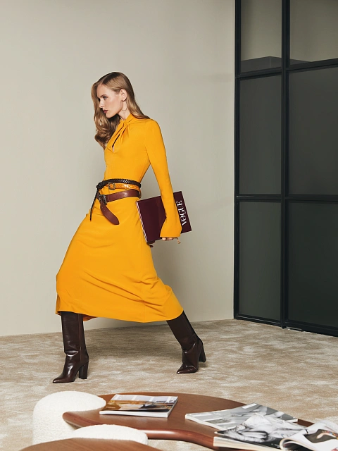 Платье-миди горчичного цвета с драпировкой , 5 Платье-миди горчичного цвета с драпировкой , 5