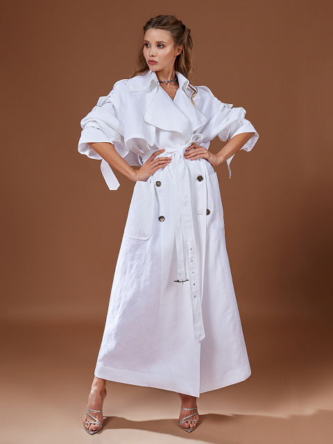 Белый двубортный тренч из льна, 8