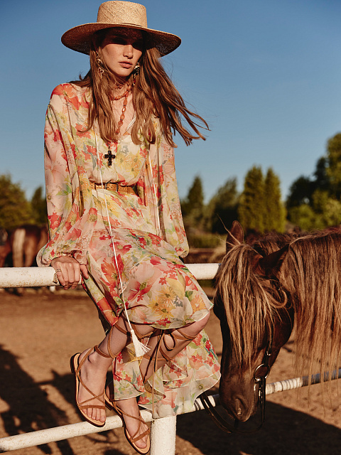 Молочное шифоновое платье-миди с цветочным принтом, 5