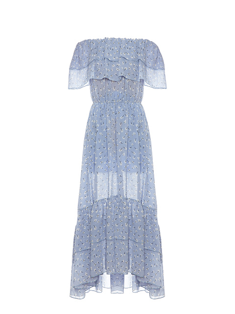 Лиловое шифоновое платье-миди с открытыми плечами, 1