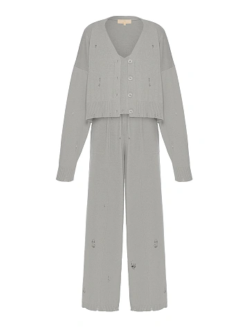 Серый вязаный комплект из кардигана, топа и брюк, 1