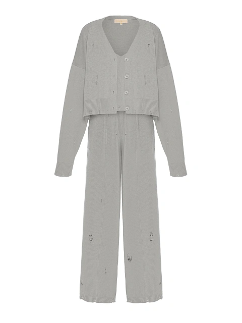 Серый вязаный комплект из кардигана, топа и брюк, 1
