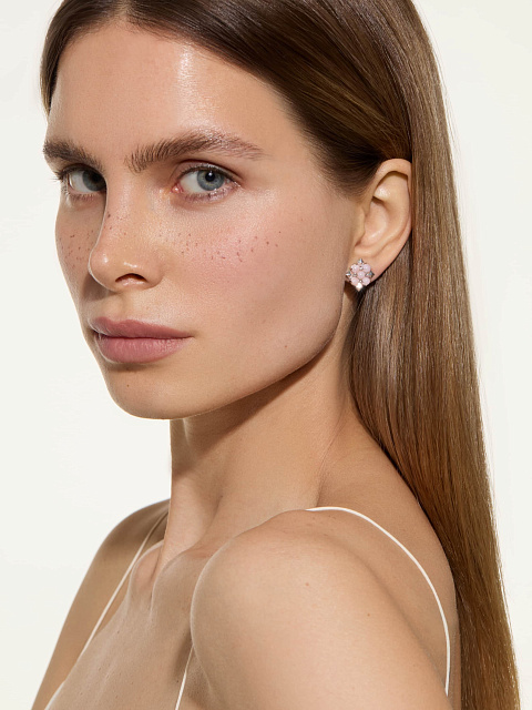 Пусеты из белого золота с розовым опалом в огранке «кабошон», 2 Пусеты из белого золота с розовым опалом в огранке «кабошон», 2