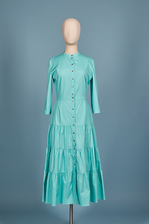 Платье-рубашка из хлопка ментолового, отрезная талия, три яруса, рукав 3/4, 1