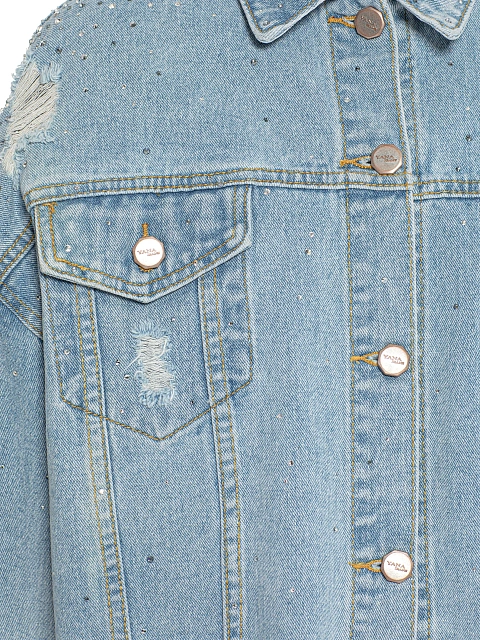 Голубая укороченная джинсовка с рваным низом и стразами, 3