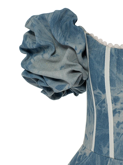 Синее tie-dye платье-мини из денима с белым кружевом, 4