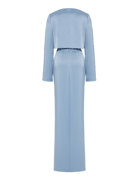 Голубой шелковый костюм из жакета и юбки с вышивкой кристаллами, 6