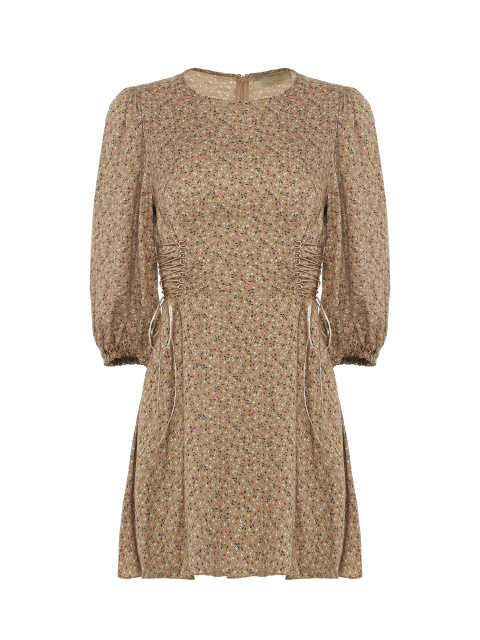 Светло-коричневое платье-мини с цветочным принтом и шнуровкой на талии, 1