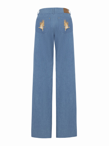 Синие джинсы-клеш с вышивкой на карманах, 2