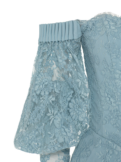 Голубое платье-мини из кружева с открытыми плечами, 4