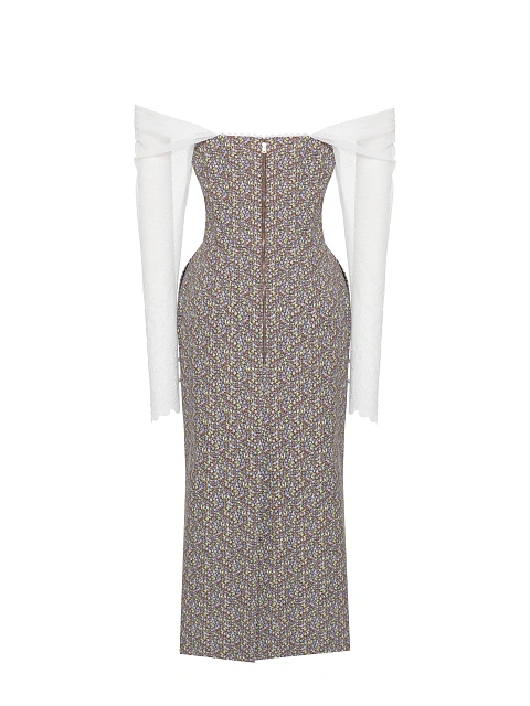 Платье-миди из хлопка с цветочным принтом и кружевными рукавами, 2