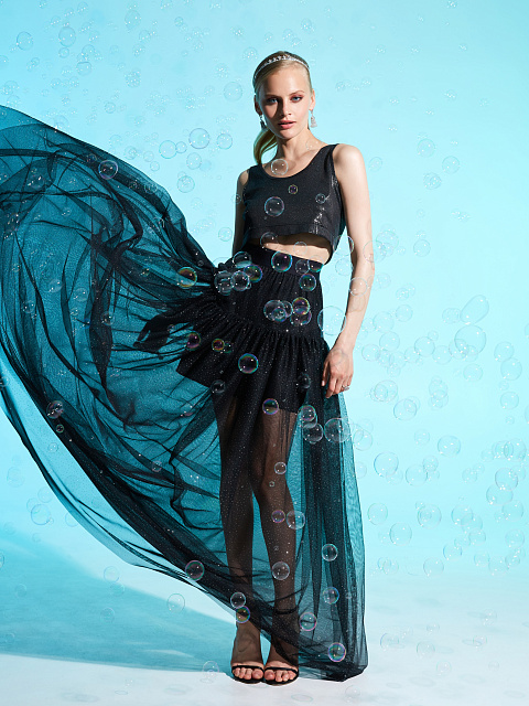 Черная юбка-макси из прозрачного фатина с блестками, 2