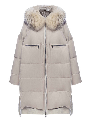 Длинный пуховик из бежевой замши с опушкой из енота и вставками из крокодила, 1