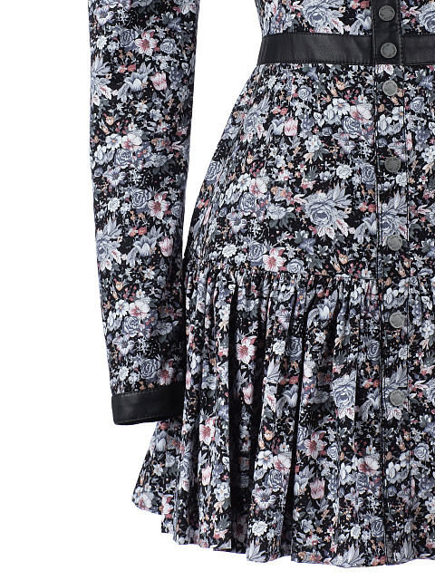 Черное хлопковое платье-мини с серым цветочным принтом, 2