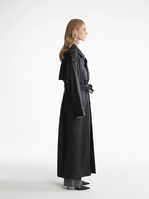 Черный двубортный тренч из фактурной кожи, 4