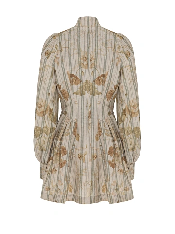 Бежевое льняное платье-мини с цветочным принтом, 2