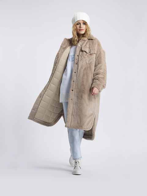 Бежевое пальто-рубашка из эко-меха, 3 Бежевое пальто-рубашка из эко-меха, 3