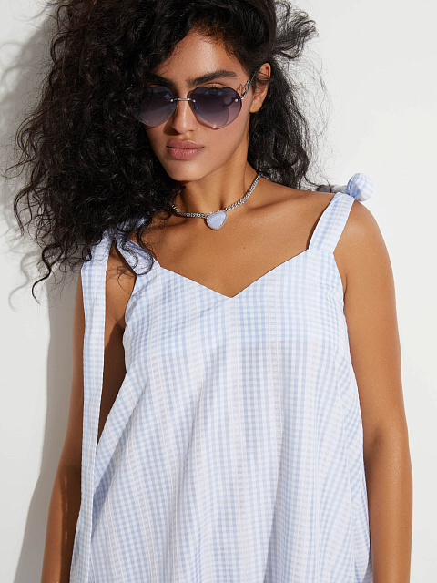 Голубое платье-мини из хлопка в клетку, 8