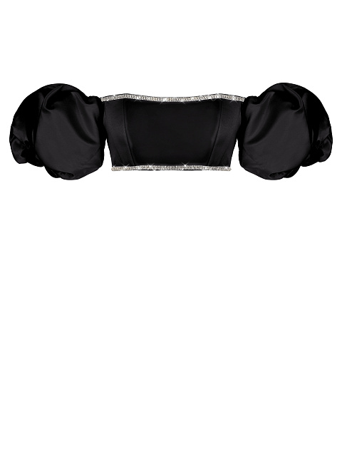 Черный атласный топ с рукавами-фонариками и стразами, 1