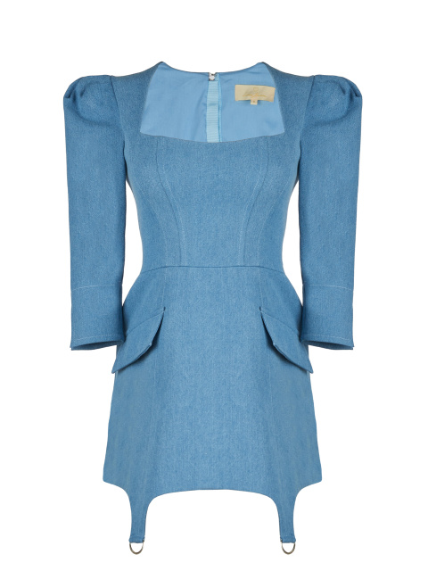 Голубое платье-мини из денима с фигурным низом, 1