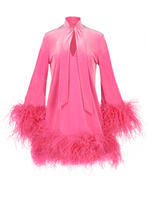 Ярко-розовое бархатное платье-мини с перьями, 1