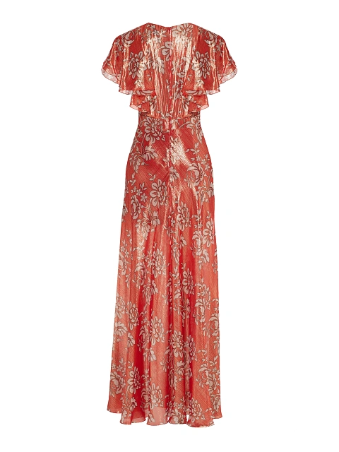 Красное платье-макси из шелка с цветочным принтом и люрексом, 2