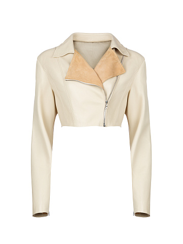 Бежевая кожаная куртка-косуха с вышивкой, 1