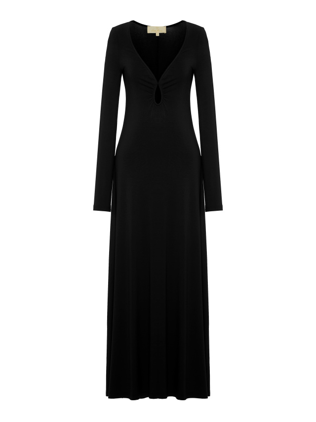 Черное трикотажное платье-макси с фигурным вырезом, 1