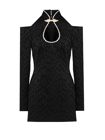 Черное платье-мини из жаккарда с леопардовым узором, 1